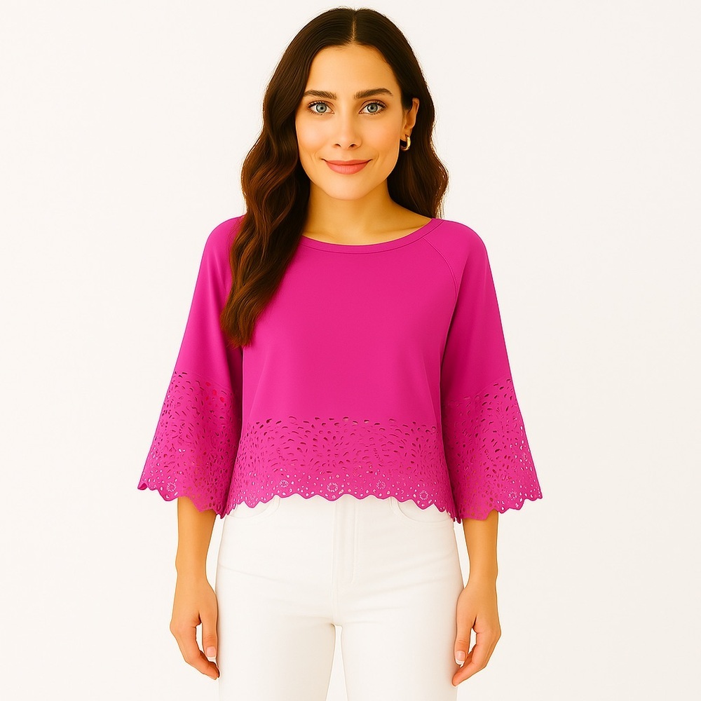 sugar lips hot pink laser cut blouse quarter length long sleeves barbiecore prep